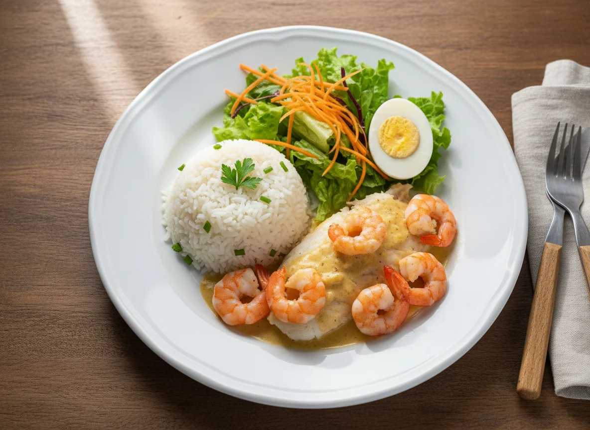 Prato misto com arroz, salada, ovos e peixe com camarão photo