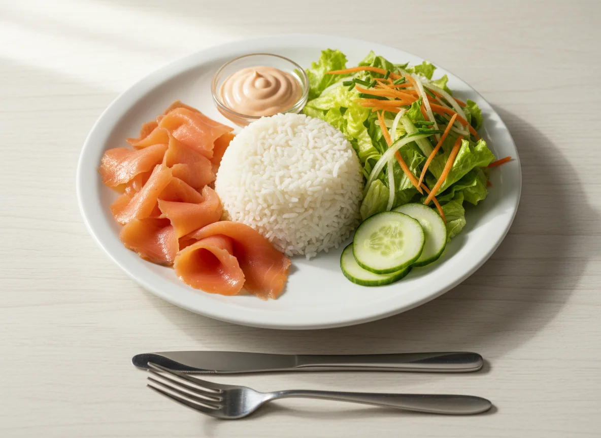 Prato misto com arroz, salmão e salada photo
