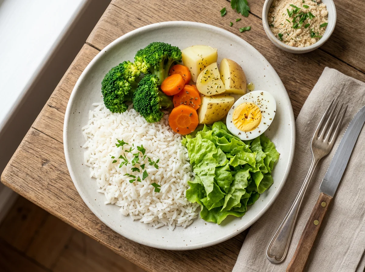 Prato misto com arroz, vegetais e ovo photo
