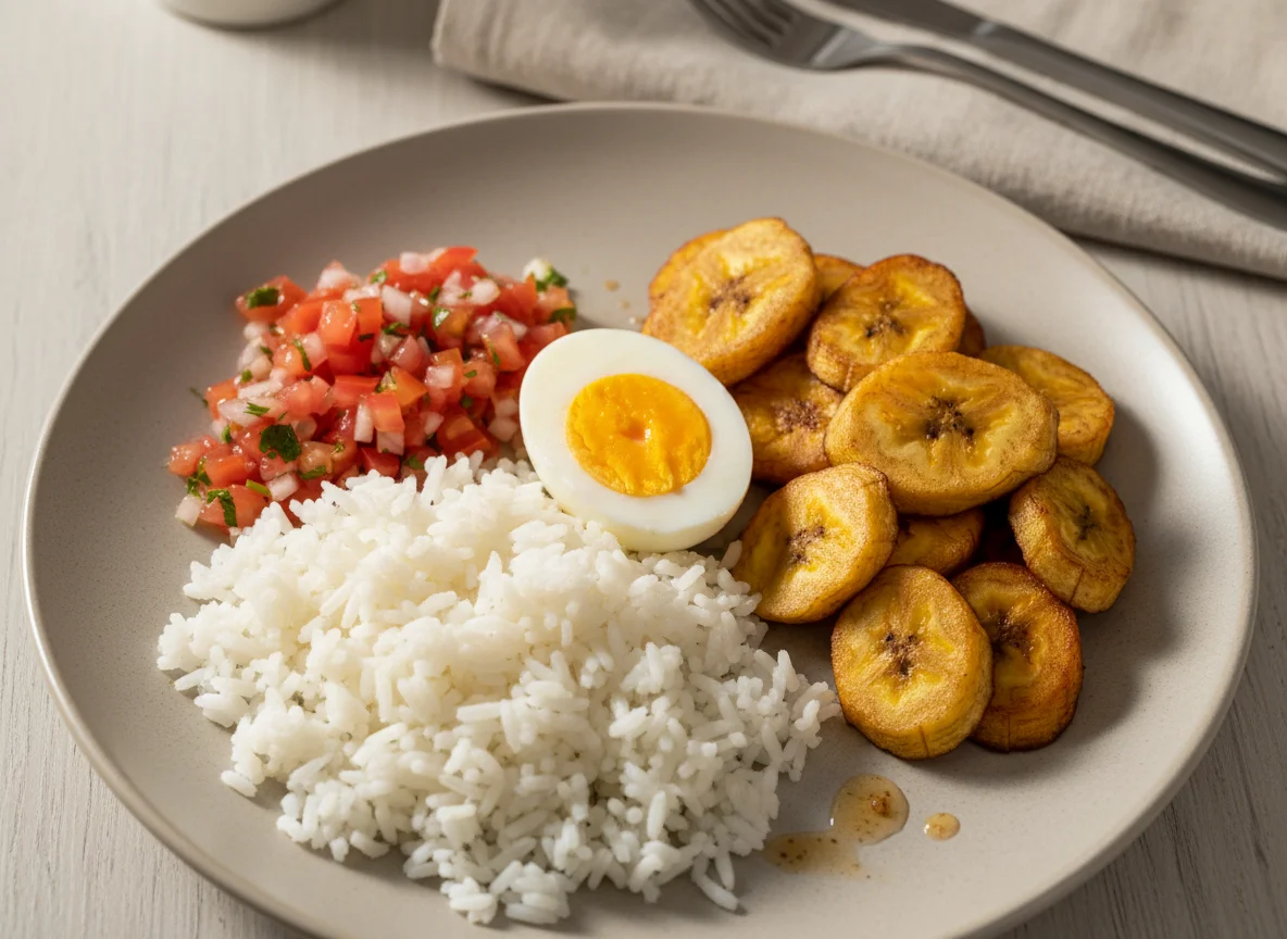 Prato misto com arroz, vinagrete, ovo e banana frita photo