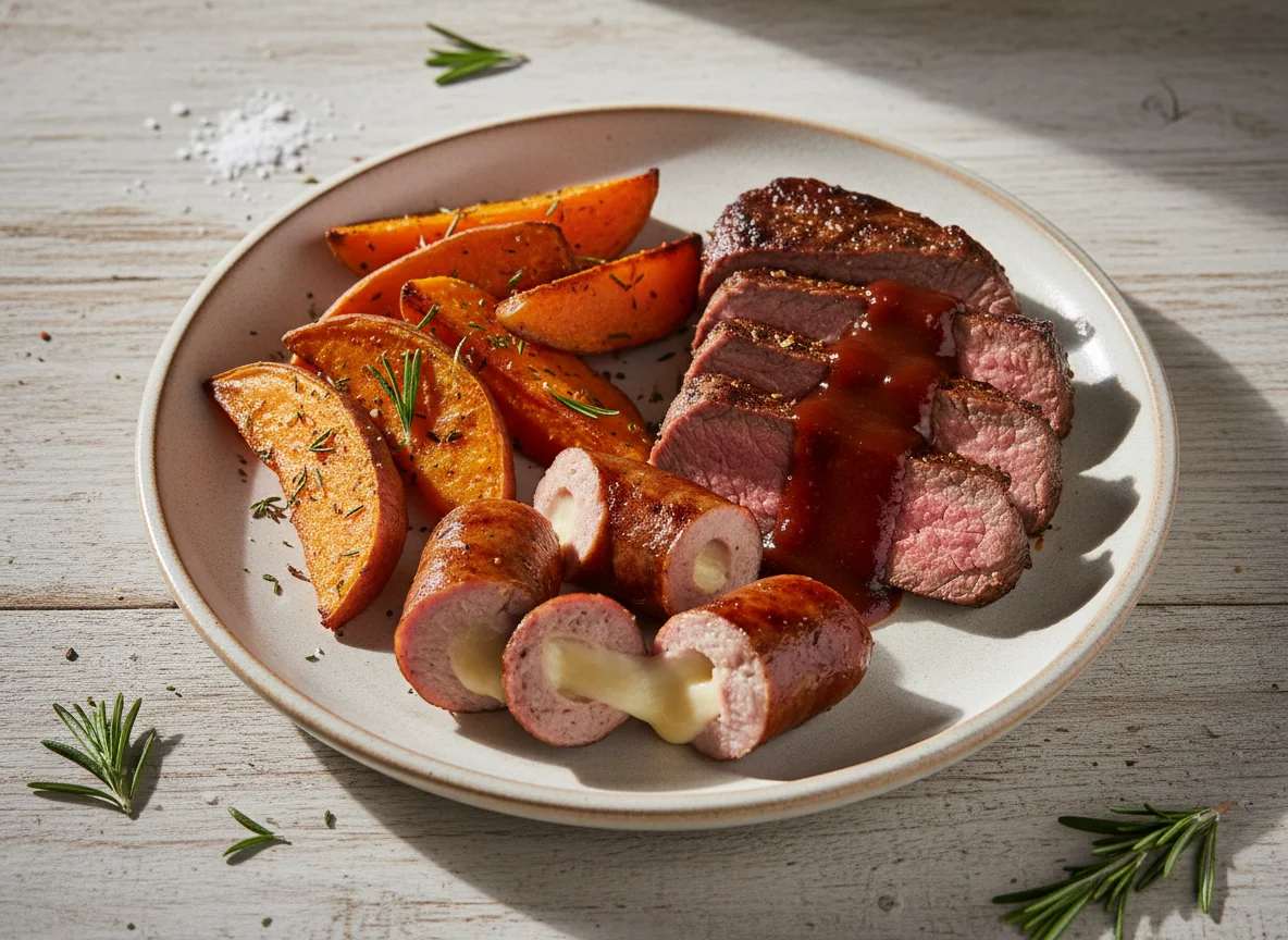 Prato misto com batata doce, carne e molho photo