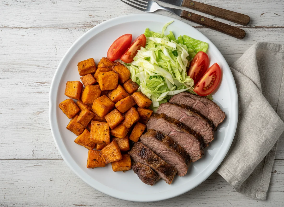 Prato misto com batata doce, carne e salada photo