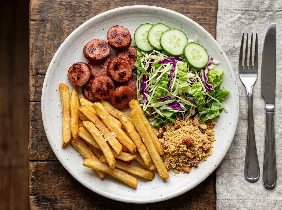 Prato misto com batata frita e salada photo