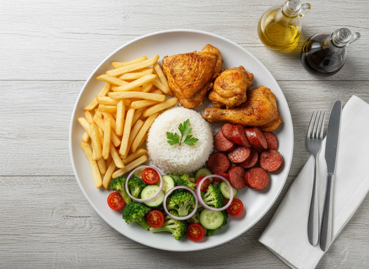 Prato misto com batata frita, frango, linguiça, arroz e salada photo