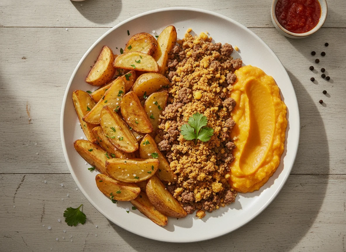 Prato misto com batatas e purê photo