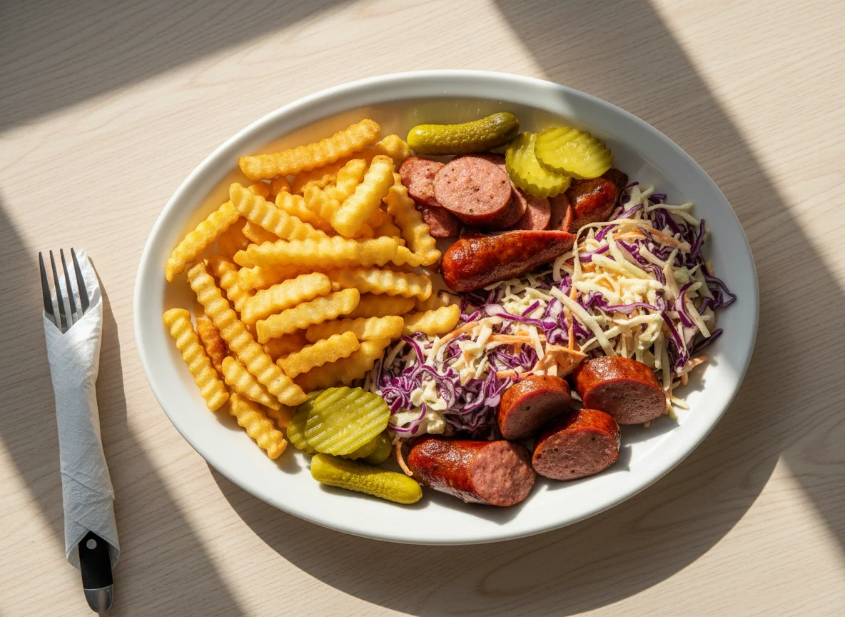 Prato misto com batatas fritas, salada de repolho, picles e linguiça photo