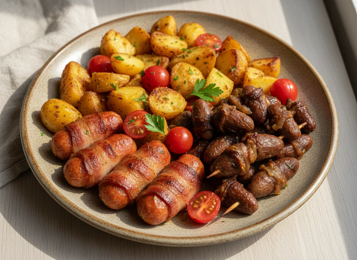 Prato misto com batatas, linguiça, coração de frango e tomate cereja photo