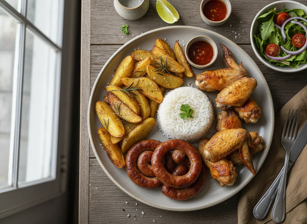 Prato misto com batatas, linguiça e frango photo
