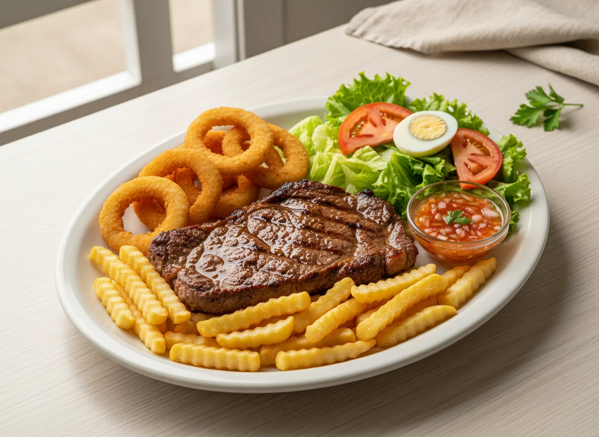 Prato misto com bife, batata frita, anéis de cebola e salada photo