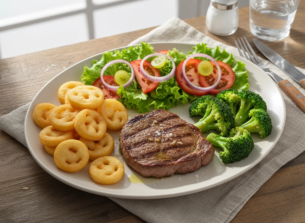 Prato misto com bife, batatas sorriso, brócolis e salada photo