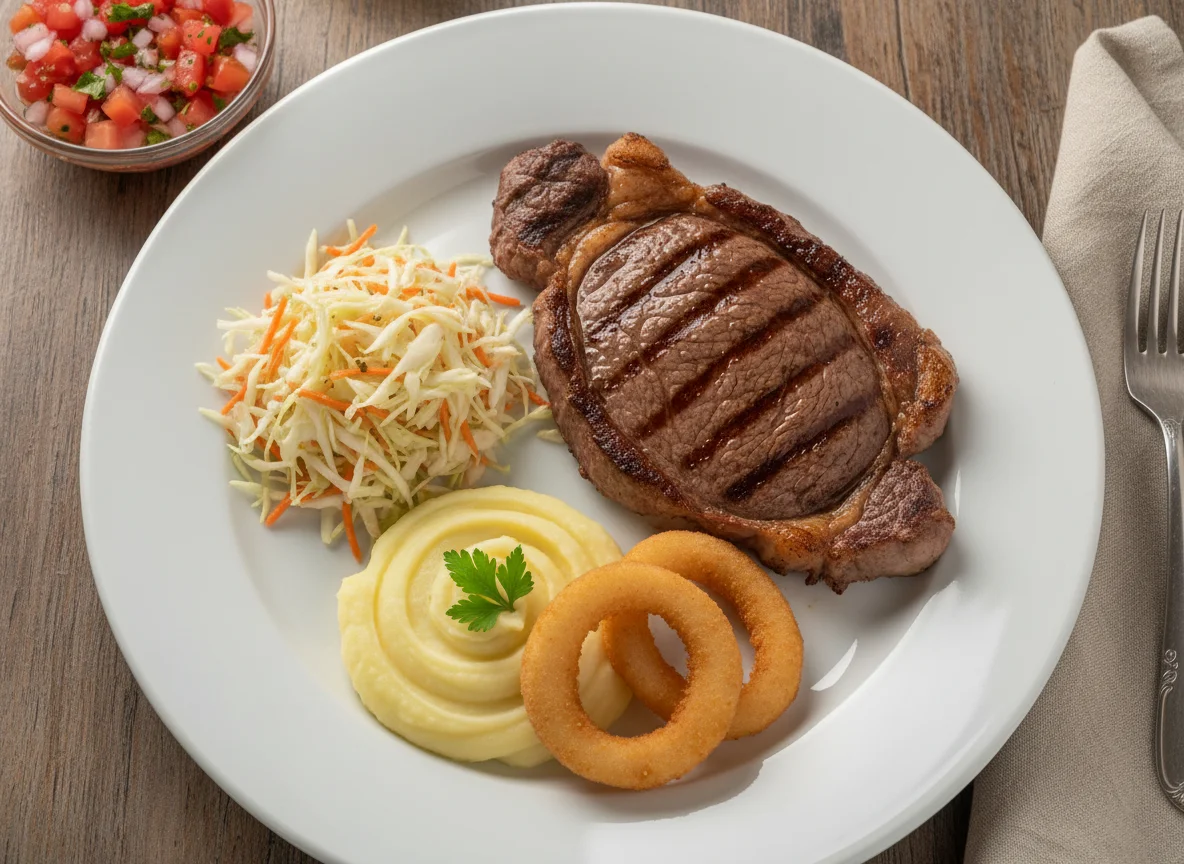 Prato misto com bife e acompanhamentos photo