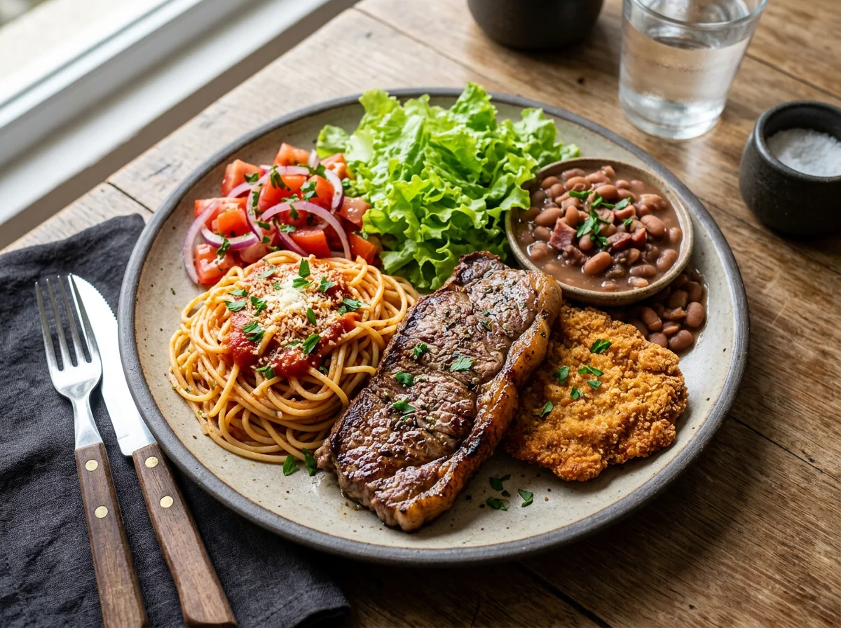 Prato misto com bife, massa, feijão e salada photo
