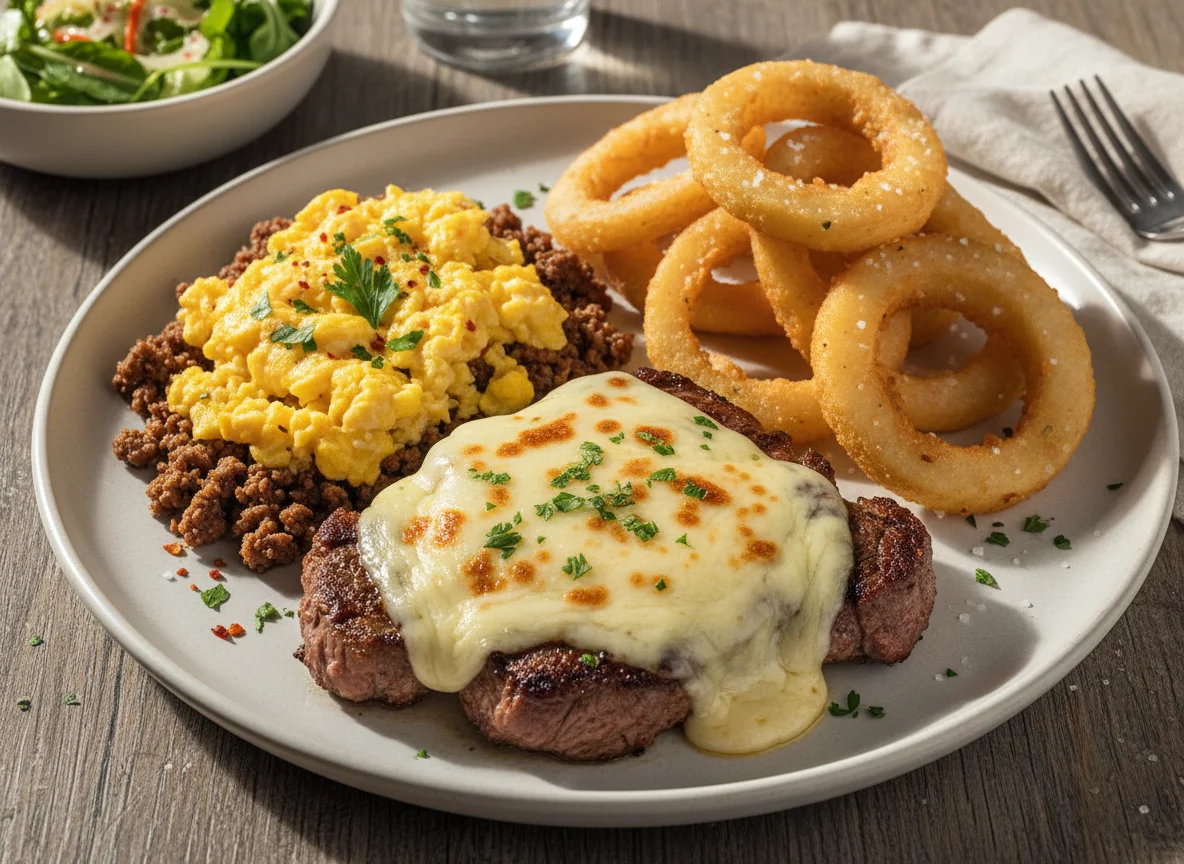 Prato misto com bife, ovos mexidos e anéis de cebola photo