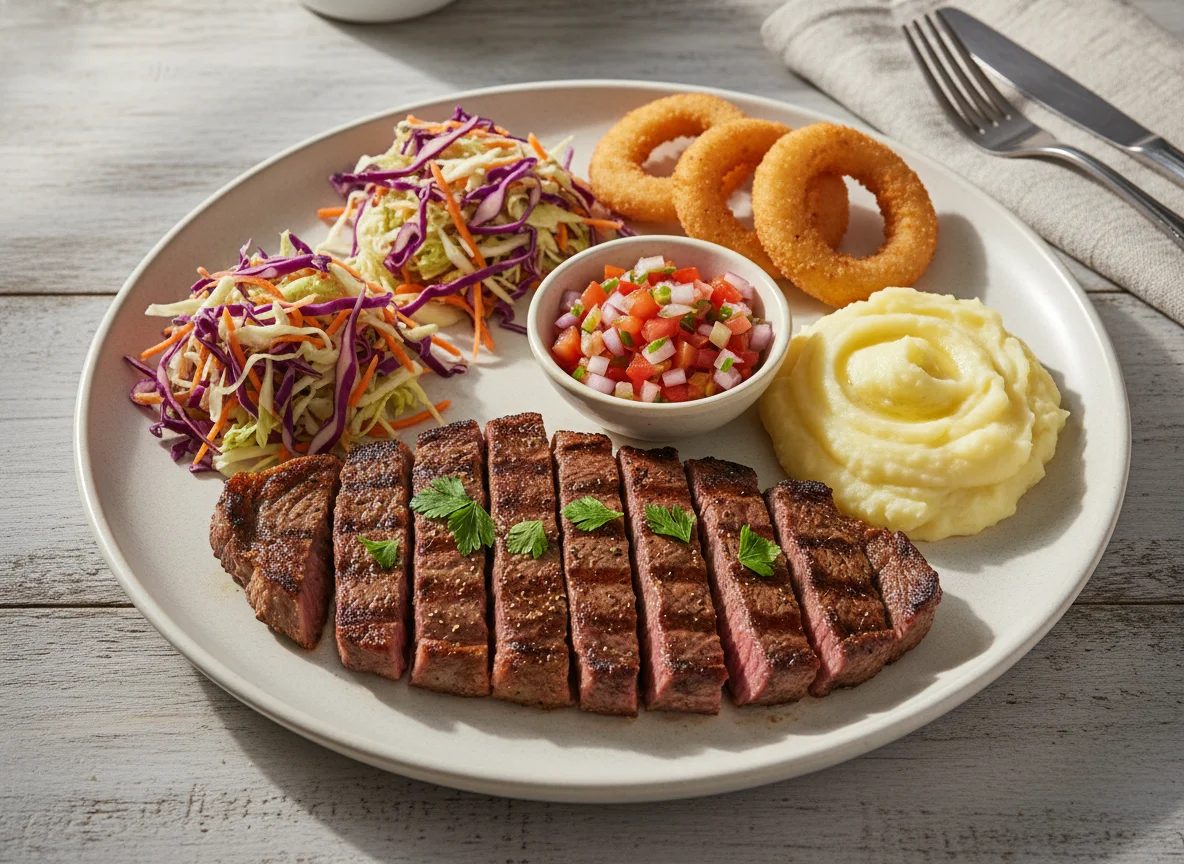 Prato misto com bife, salada e acompanhamentos photo