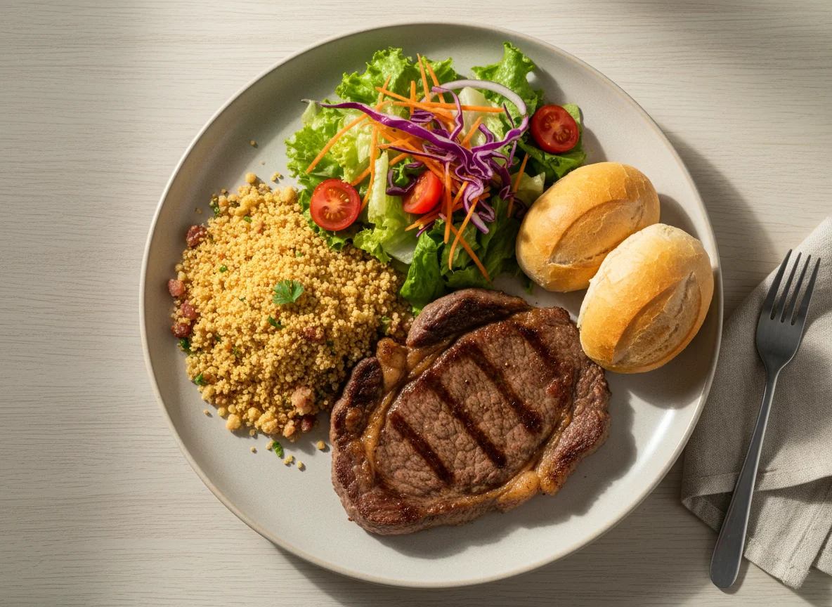 Prato misto com bife, salada, farofa e pão photo