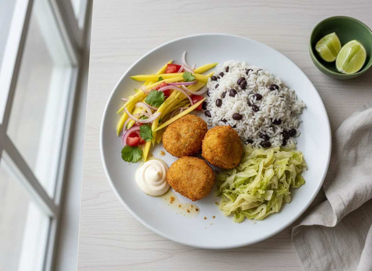 Prato misto com bolinhos, arroz, repolho e salada de manga photo
