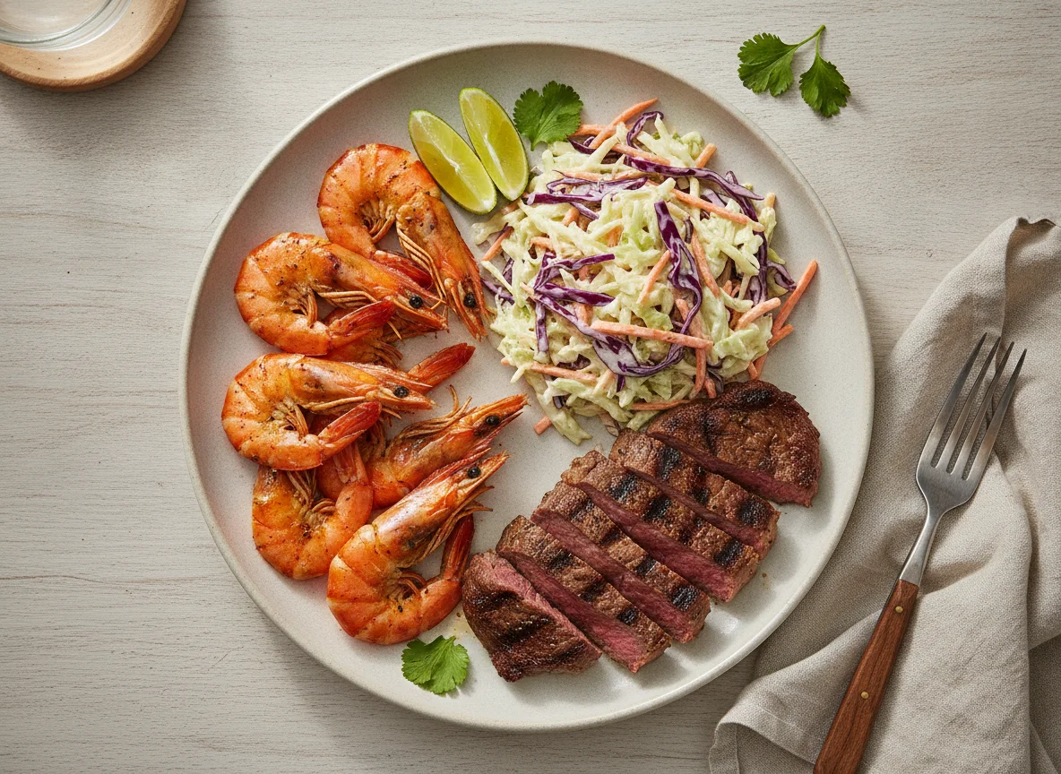 Prato misto com camarão, carne e salada de repolho photo