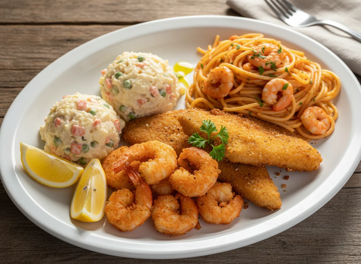 Prato misto com camarão e peixe frito photo