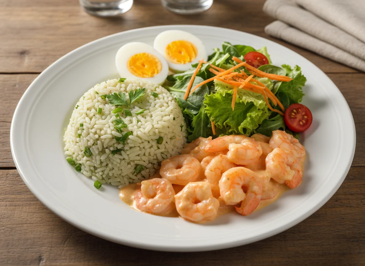 Prato misto com camarão, ovos, arroz e salada photo