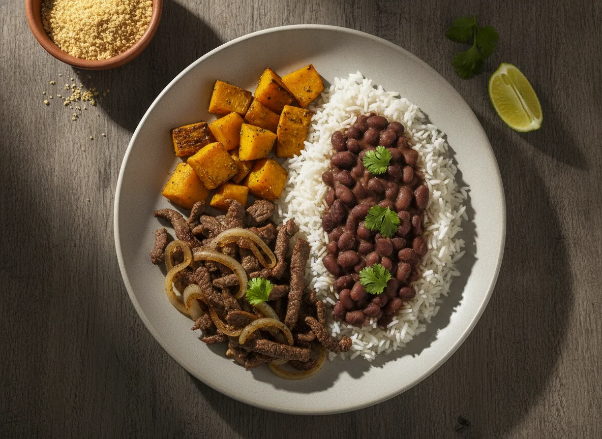 Prato misto com carne, abóbora e arroz com feijão photo