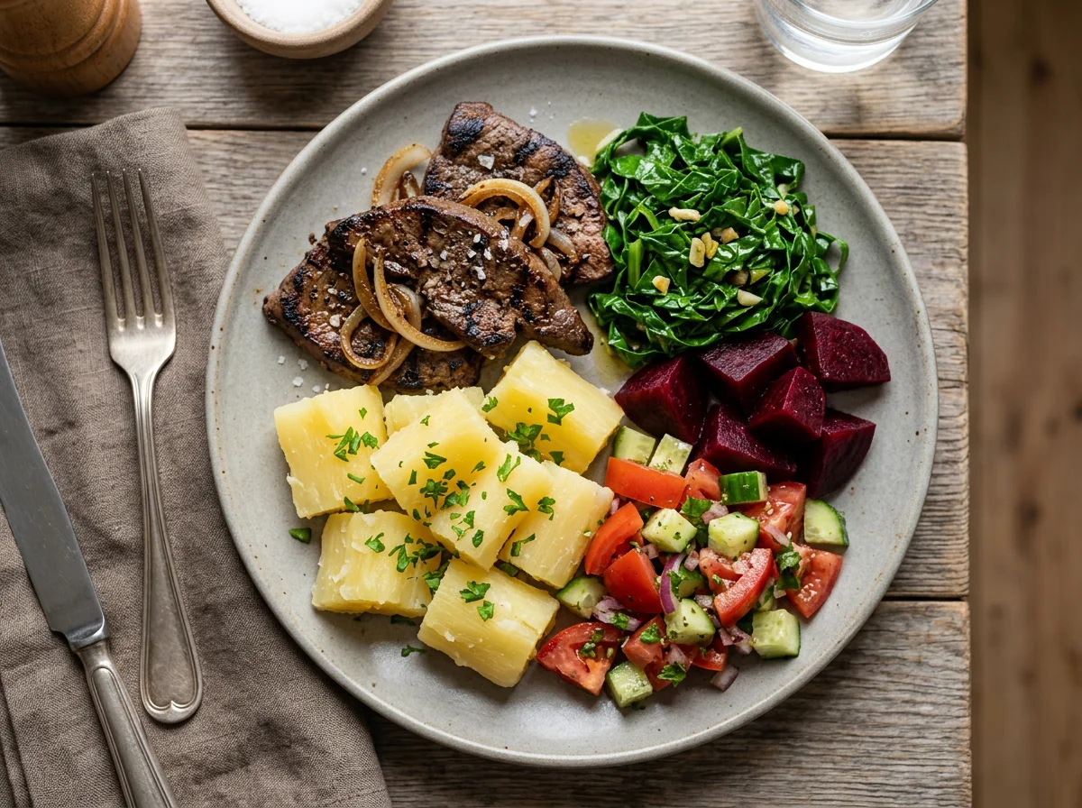 Prato misto com carne, aipim e salada photo