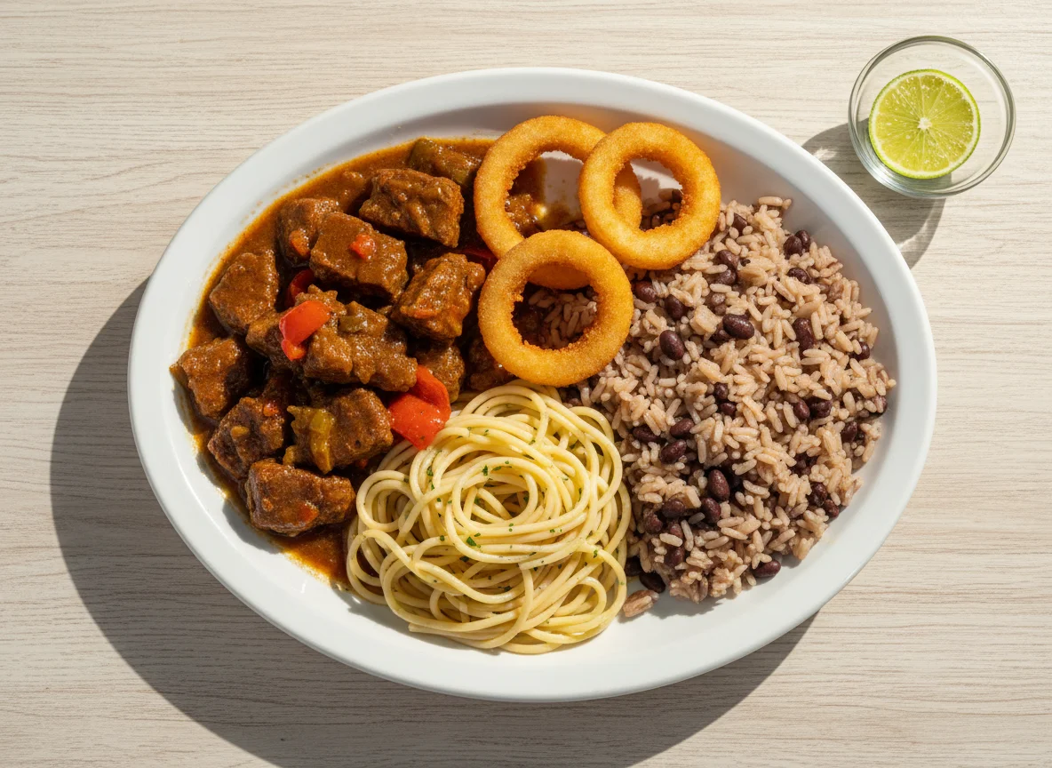 Prato misto com carne, anéis de cebola, macarrão e arroz photo