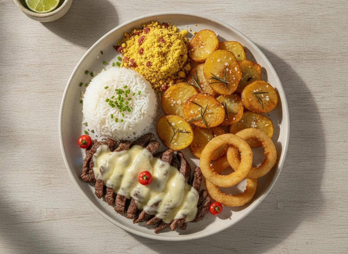 Prato misto com carne, arroz, batata e anéis de cebola photo