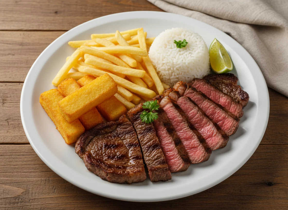 Prato misto com carne, arroz, batata frita e polenta frita photo