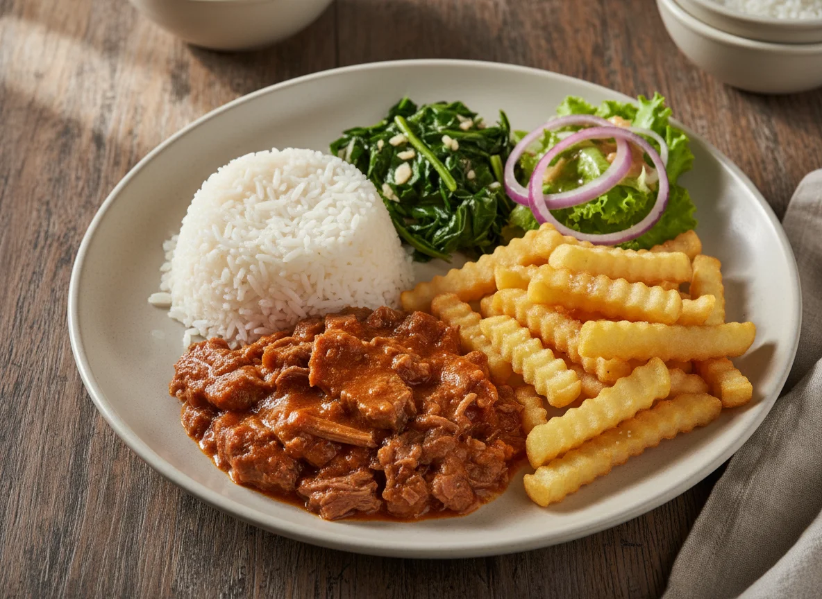Prato misto com carne, arroz, batata frita e salada photo