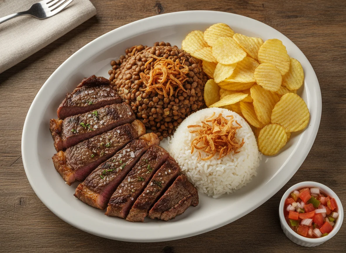 Prato misto com carne, arroz e batata chips photo