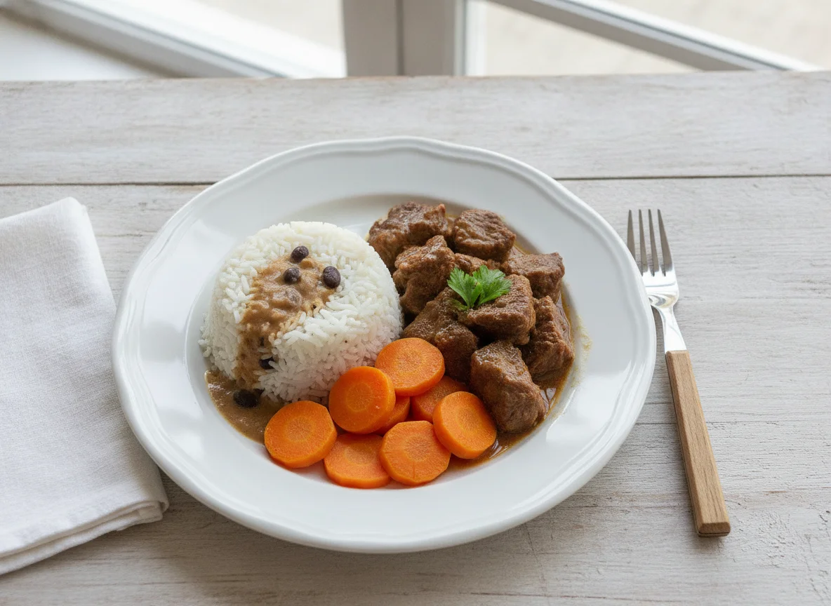Prato misto com carne, arroz e cenoura photo