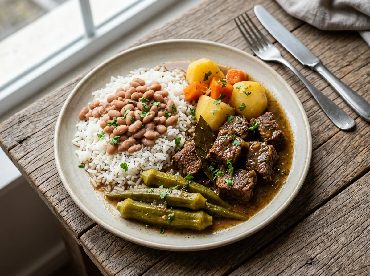 Prato misto com carne, arroz e legumes photo