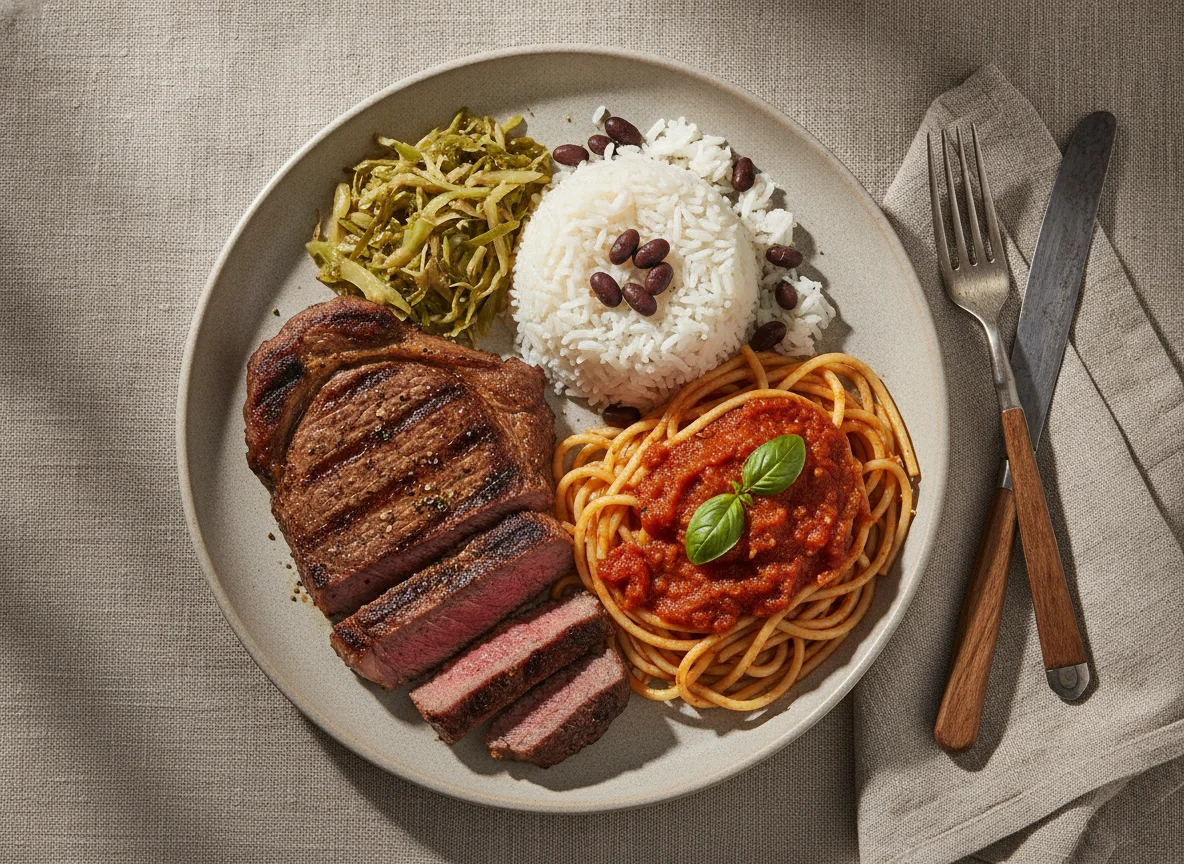 Prato misto com carne, arroz e macarrão photo