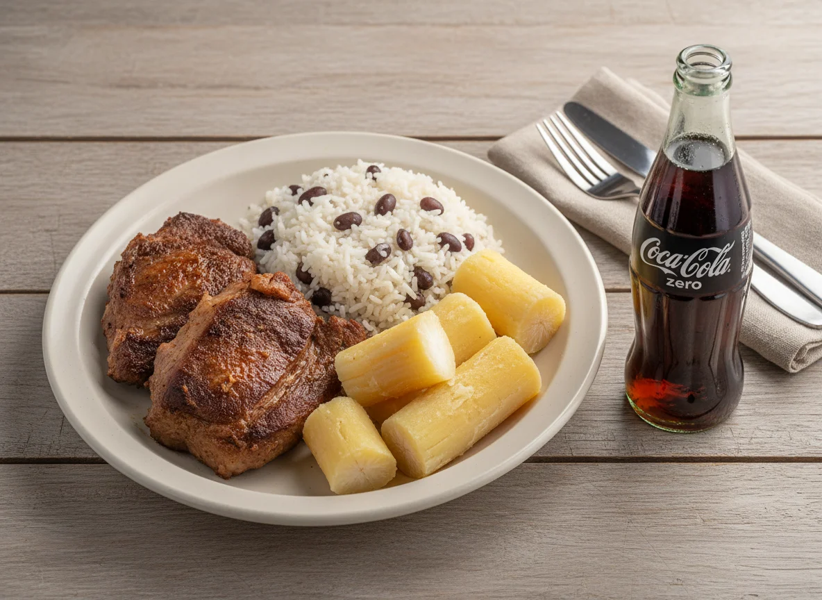 Prato misto com carne, arroz e mandioca photo