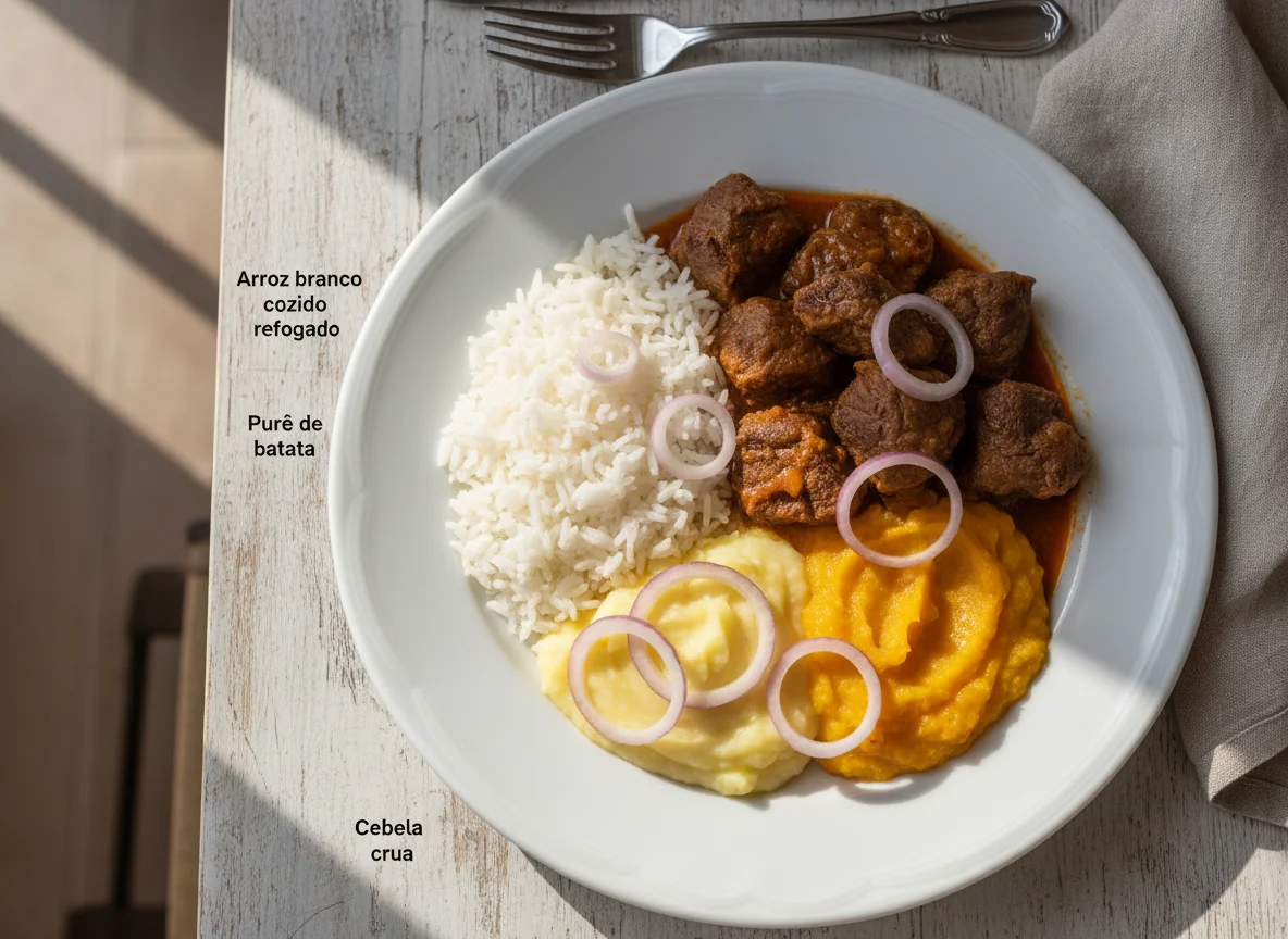 Prato misto com carne, arroz e purês photo