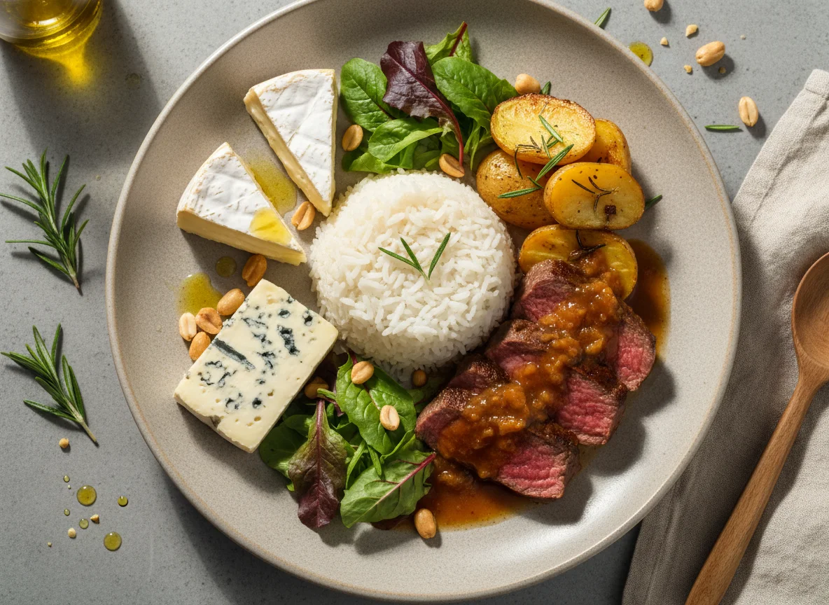 Prato misto com carne, arroz e queijos photo