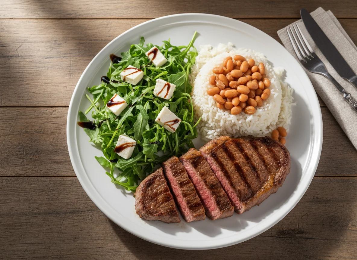 Prato misto com carne, arroz e salada photo
