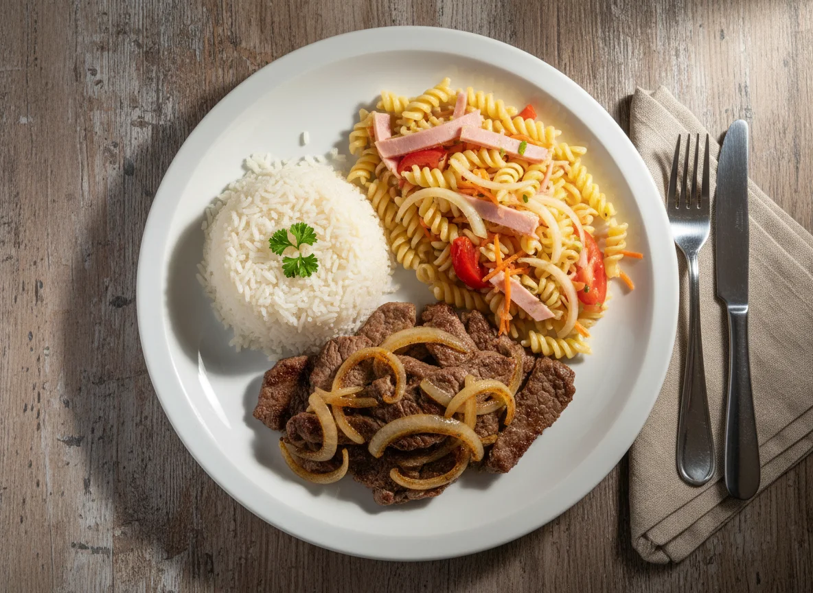 Prato misto com carne, arroz e salada de macarrão photo