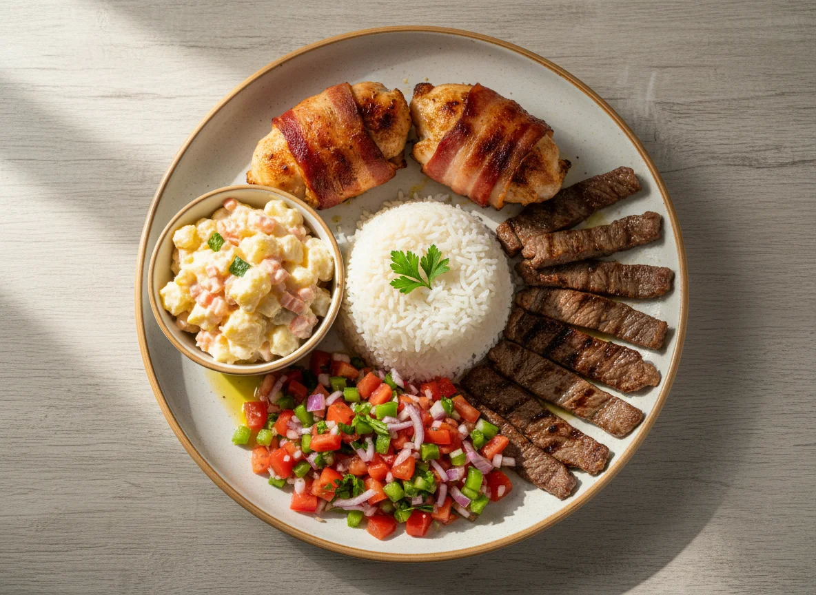 Prato misto com carne, arroz e saladas photo