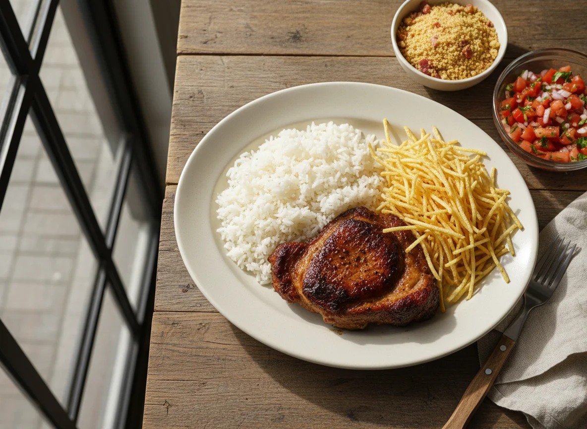 Prato misto com carne, arroz, farofa e vinagrete photo