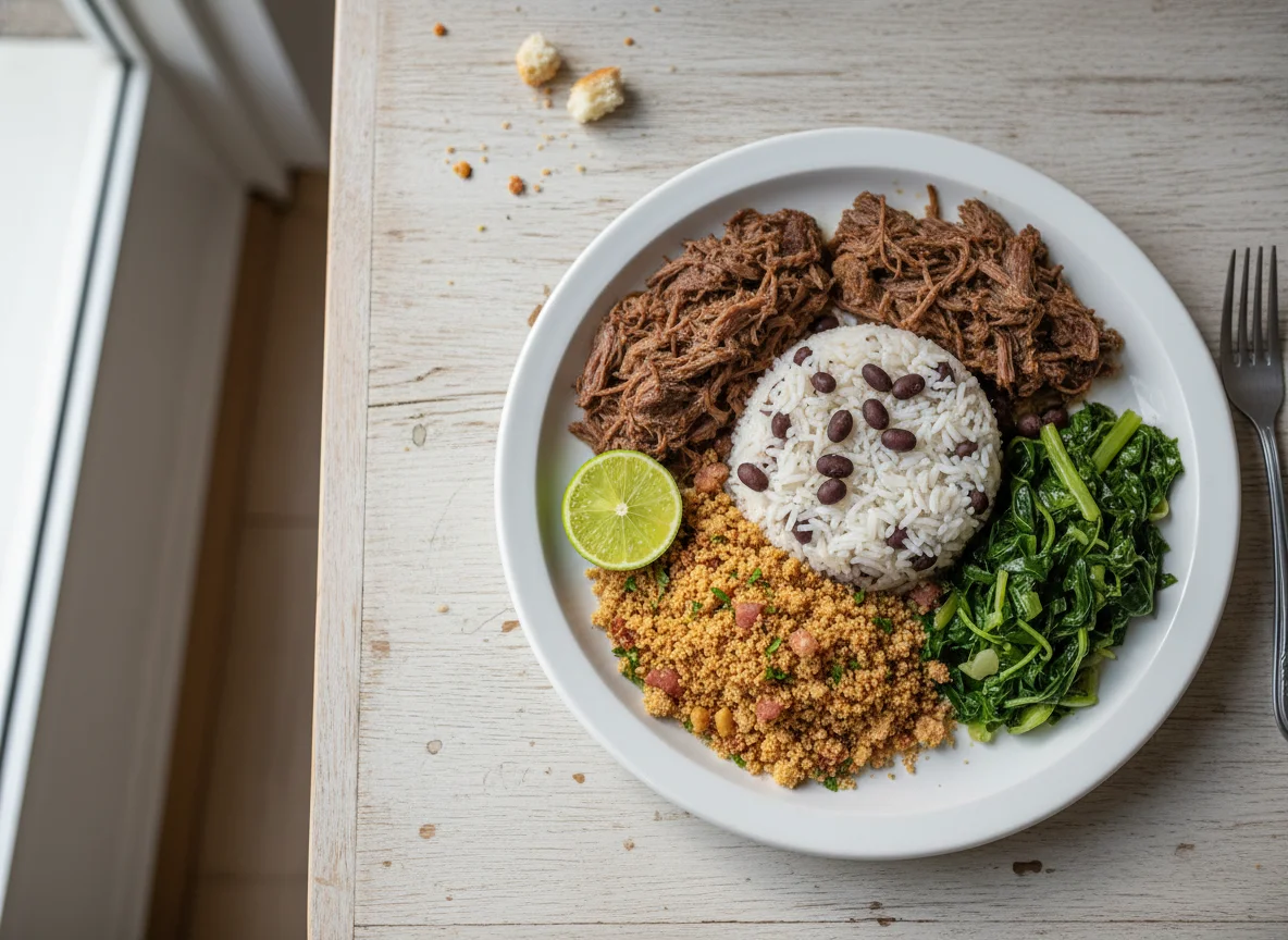 Prato misto com carne, arroz, feijão e farofa photo