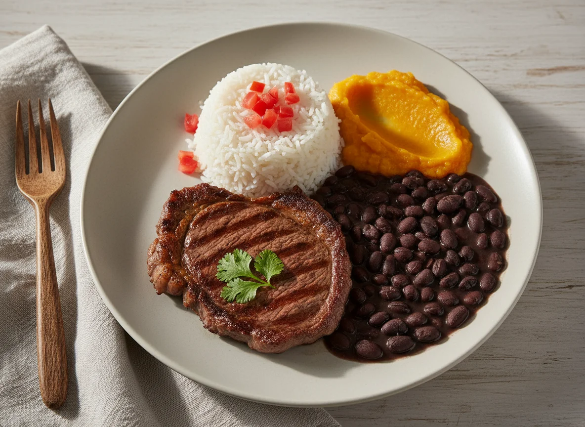 Prato misto com carne, arroz, feijão e purê de abóbora photo