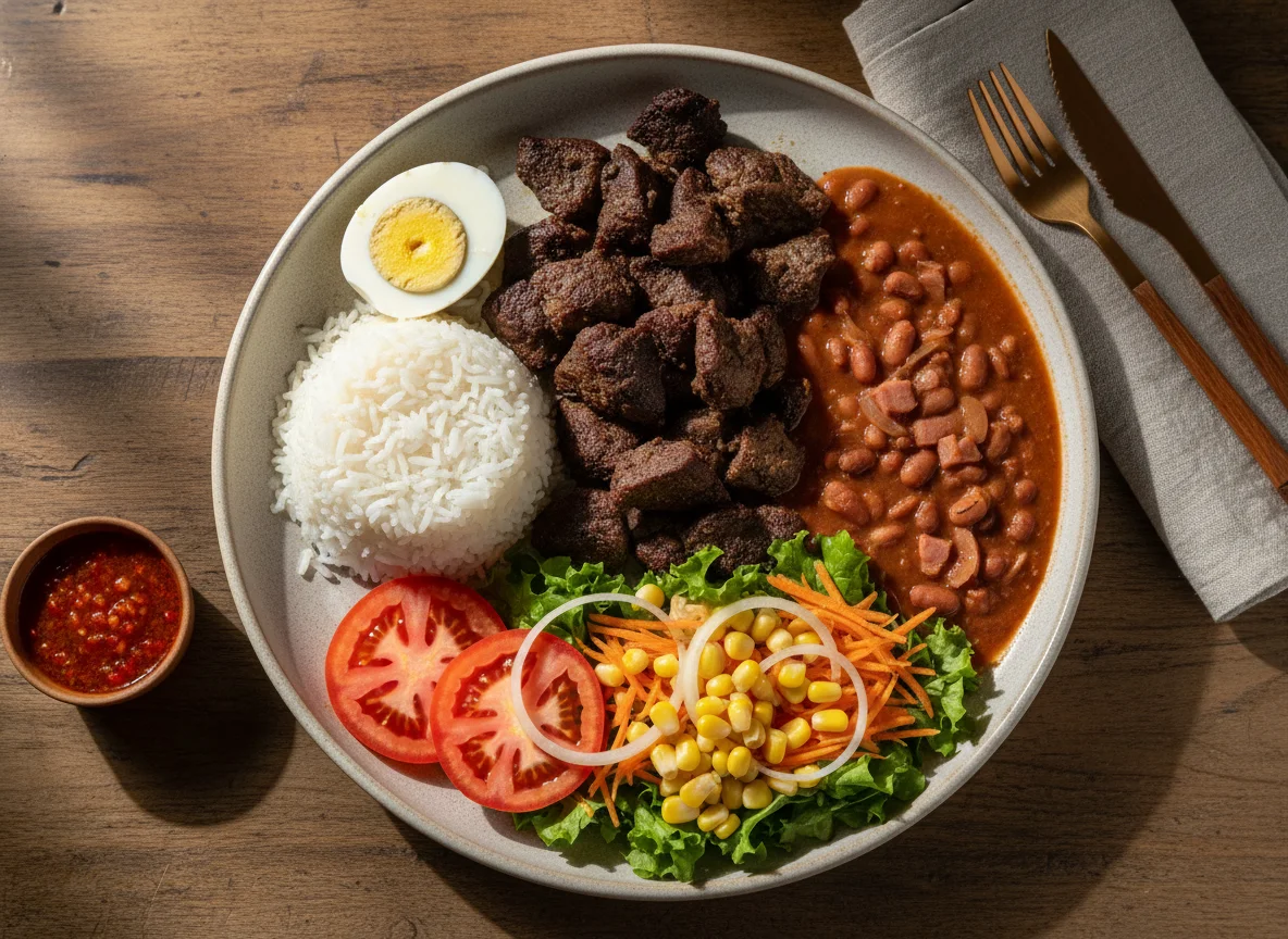 Prato misto com carne, arroz, feijão e salada photo