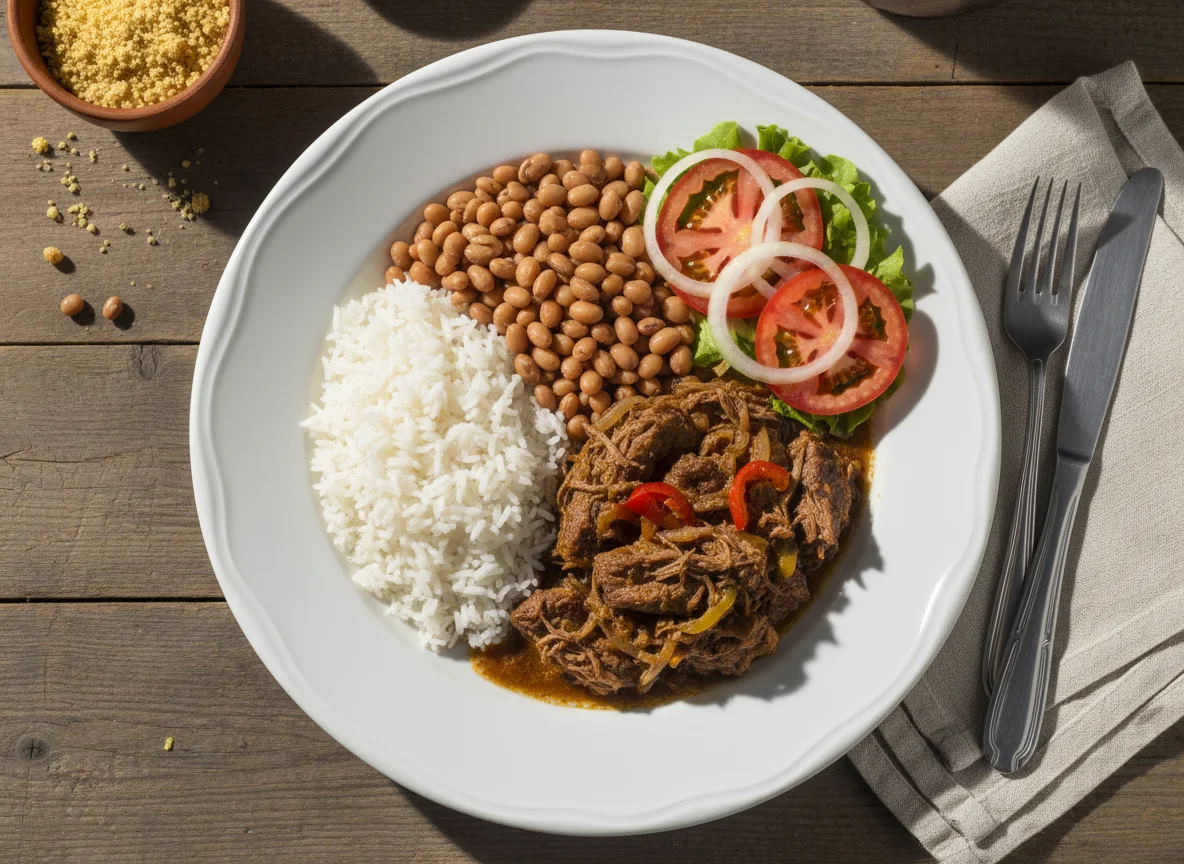 Prato misto com carne, arroz, feijão-fradinho e salada photo