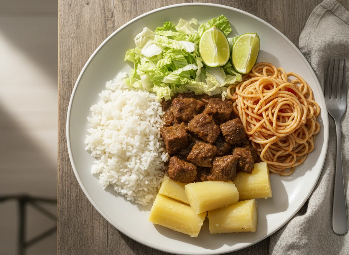 Prato misto com carne, arroz, macarrão e salada photo