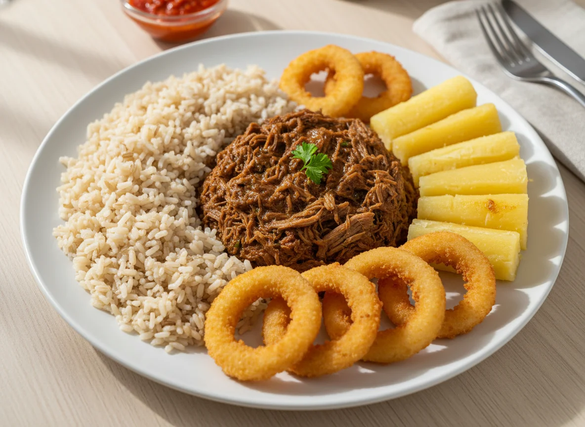 Prato misto com carne, arroz, mandioca e anel de cebola photo