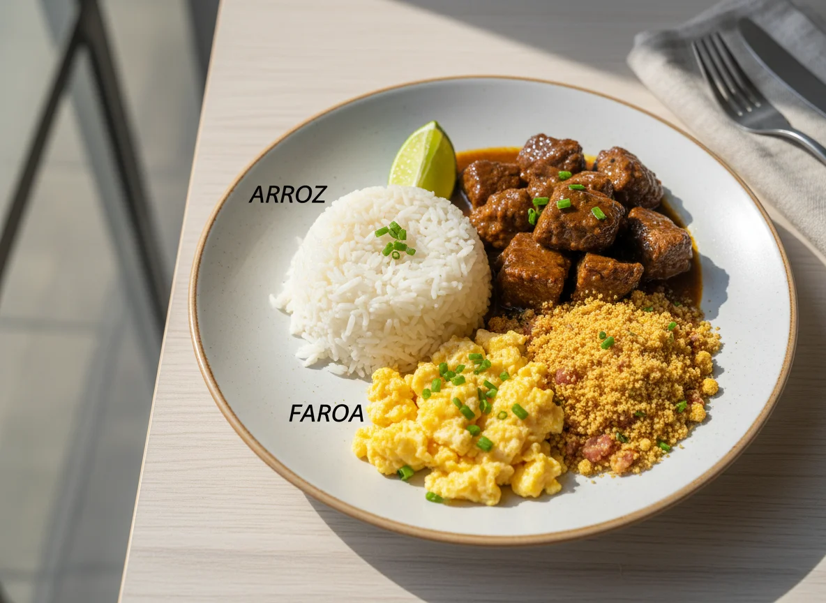 Prato misto com carne, arroz, ovos e farofa photo