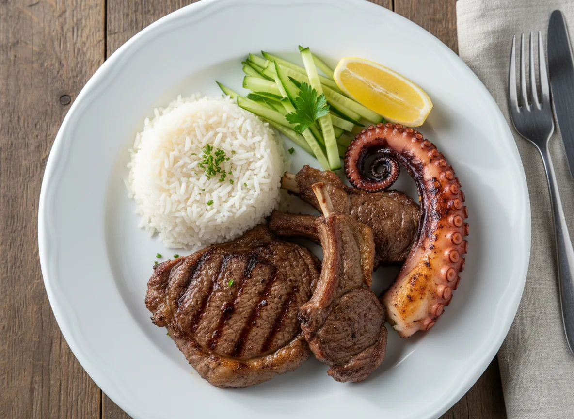 Prato misto com carne, arroz, pepino e polvo photo