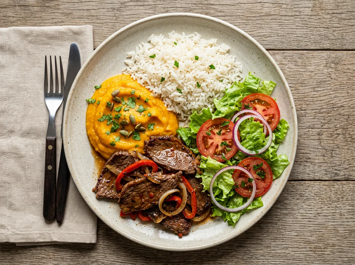 Prato misto com carne, arroz, purê de abóbora e salada photo