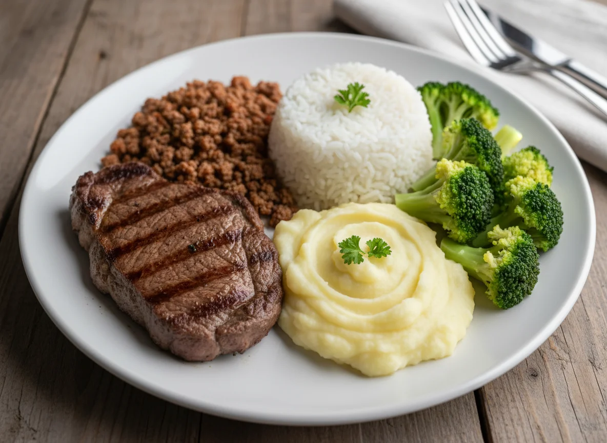 Prato misto com carne, arroz, purê e brócolis photo